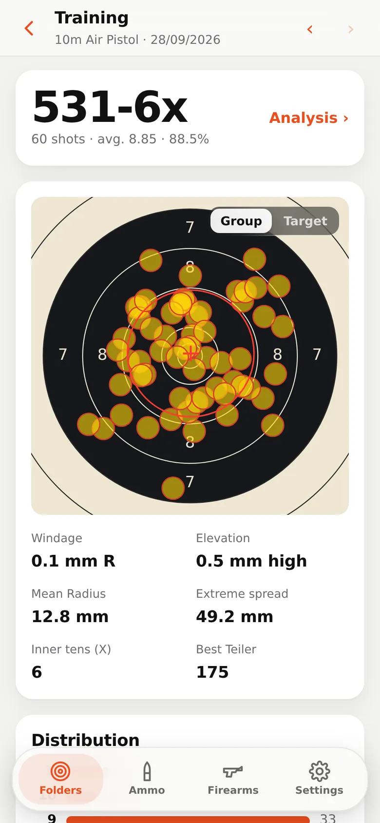 AimScan session screen with a scored air pistol target, group centre and statistics